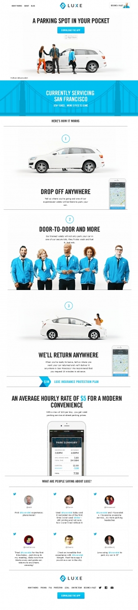 Luxe Valet豪华待客停车服务HTML酷站！超级清爽的蓝白与视频动画结合。