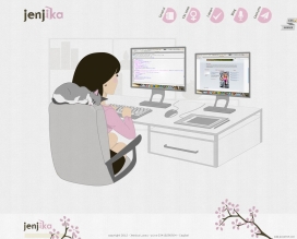坐在两台显示器旁的卡通女孩！德国杰西卡Lussu网页设计师个人网站，网页设计展示，电子商务和平面设计