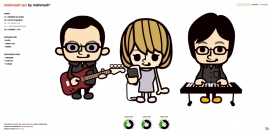 日本三岛由纪夫-弘益山摇滚音乐程序员-录音棚。3个卡通音乐人，滚动鼠标卡通人变大缩小。