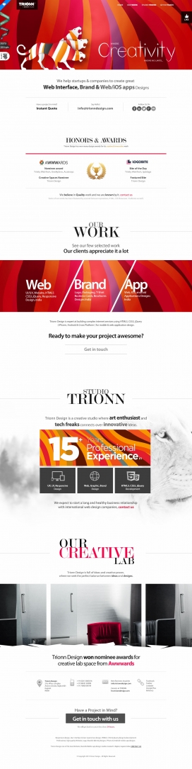 印度拉杰果德Trionn设计工作室酷站！主要提供网站设计，UI/ UX，品牌与平面设计，Web和移动应用设计，HTML5，CSS3和jQuery开发。很大气简洁的HTML5设计类网站。